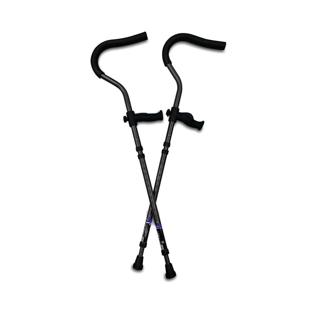 A pair of In-Motion crutches crossed against a white background